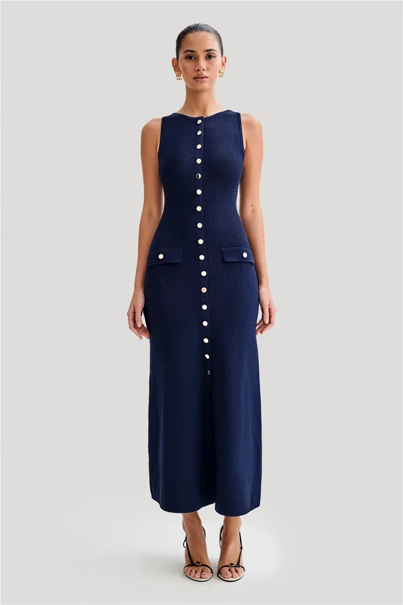 Knit Maxi Dress with Pockets Button-Front