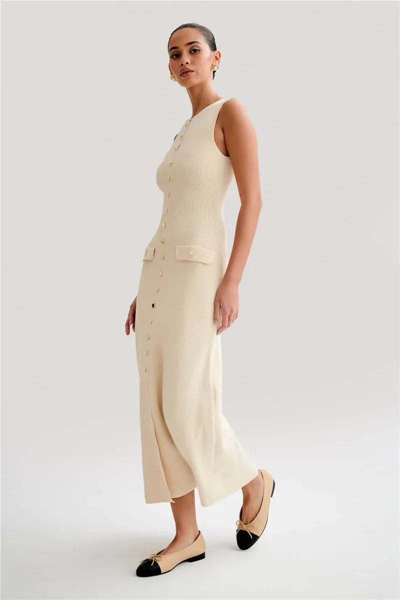 Knit Maxi Dress with Pockets Button-Front