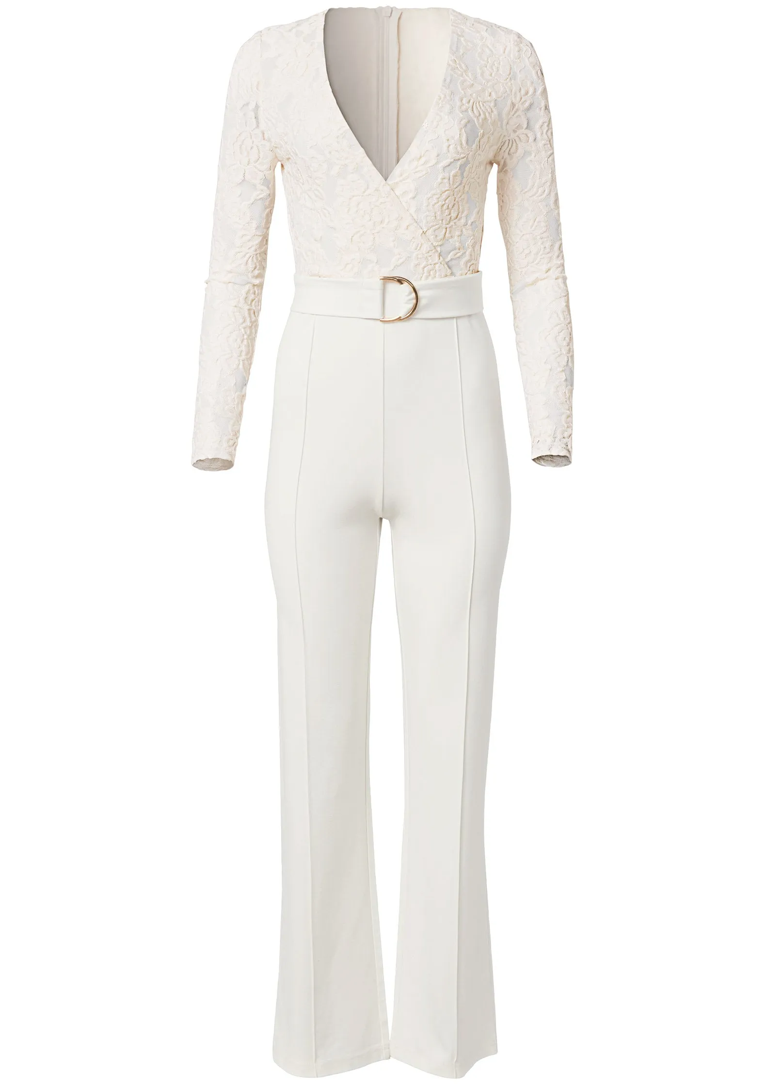 Lace V-Neck Belted Jumpsuit - White