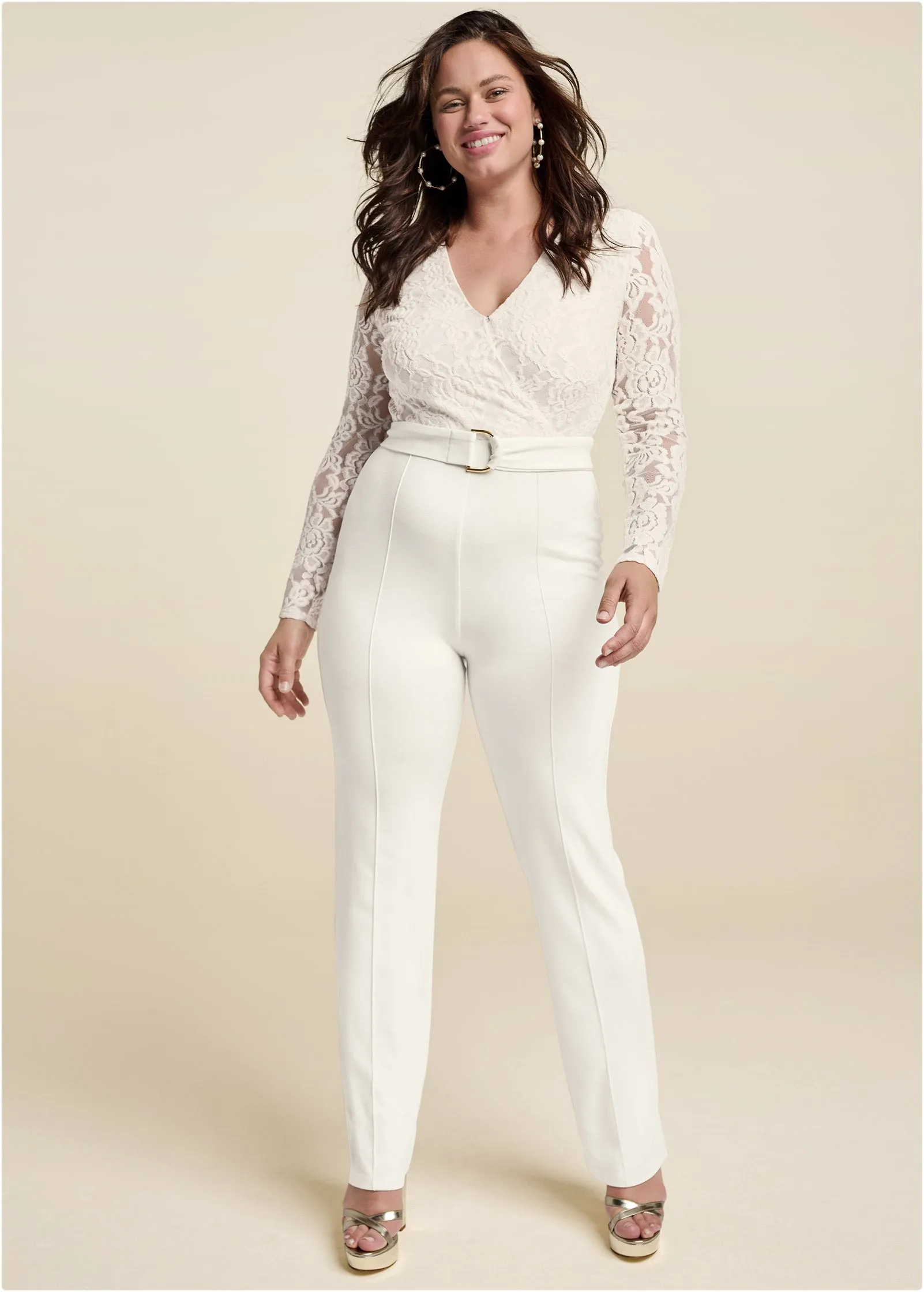 Lace V-Neck Belted Jumpsuit - White