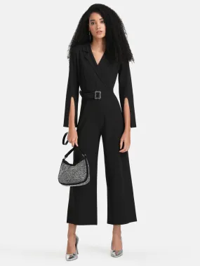 Lapel Collar Jumpsuit With Slit Sleeves And Belt