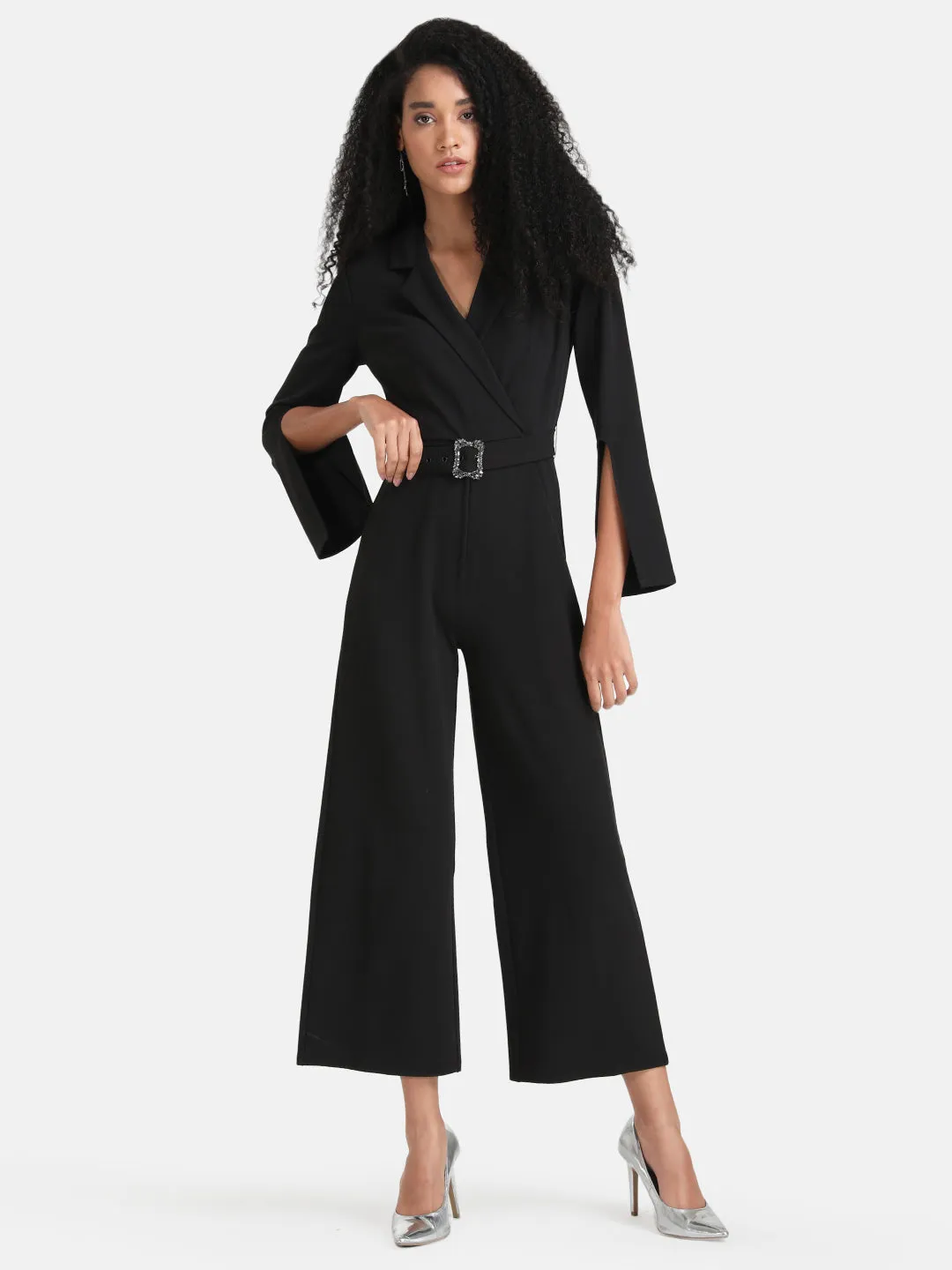 Lapel Collar Jumpsuit With Slit Sleeves And Belt