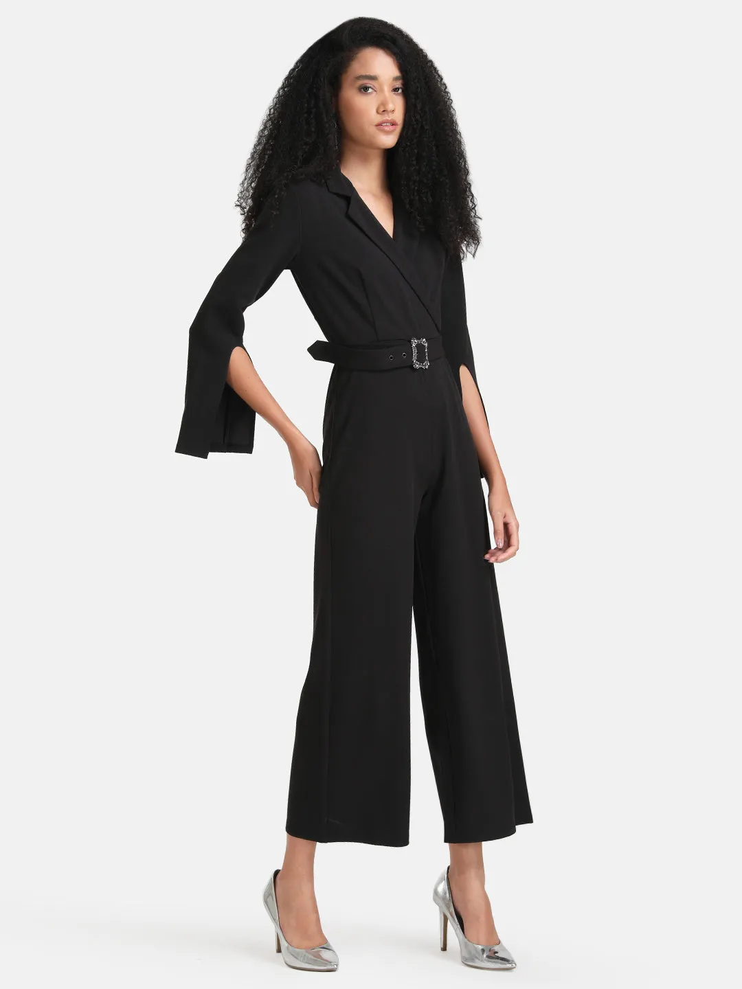 Lapel Collar Jumpsuit With Slit Sleeves And Belt