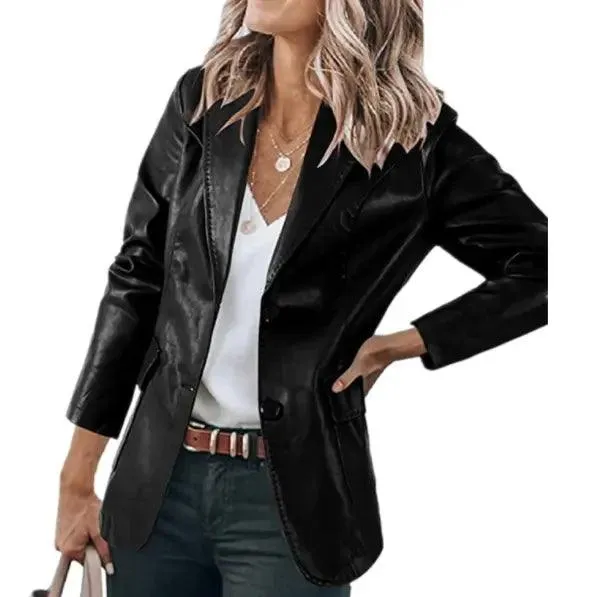 Lapel Single-Breasted PU Black Leather Trench Coat Outerwear