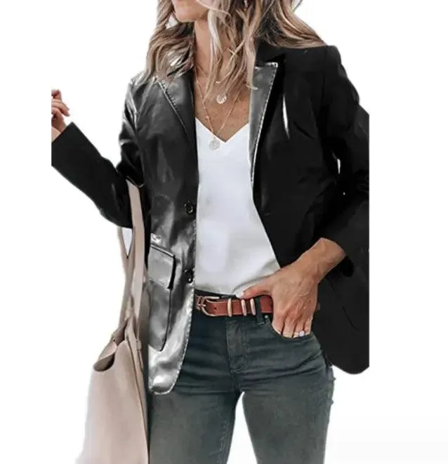 Lapel Single-Breasted PU Black Leather Trench Coat Outerwear