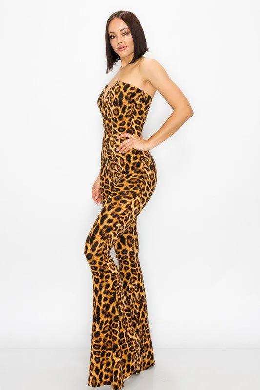 Leopard Strapless V Cut Bell Sleeve Jumpsuit