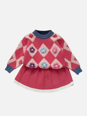 Little Surprise Box 2pcs Pink Diamond Floral Cardigan and Skirt Winterwear set for girls