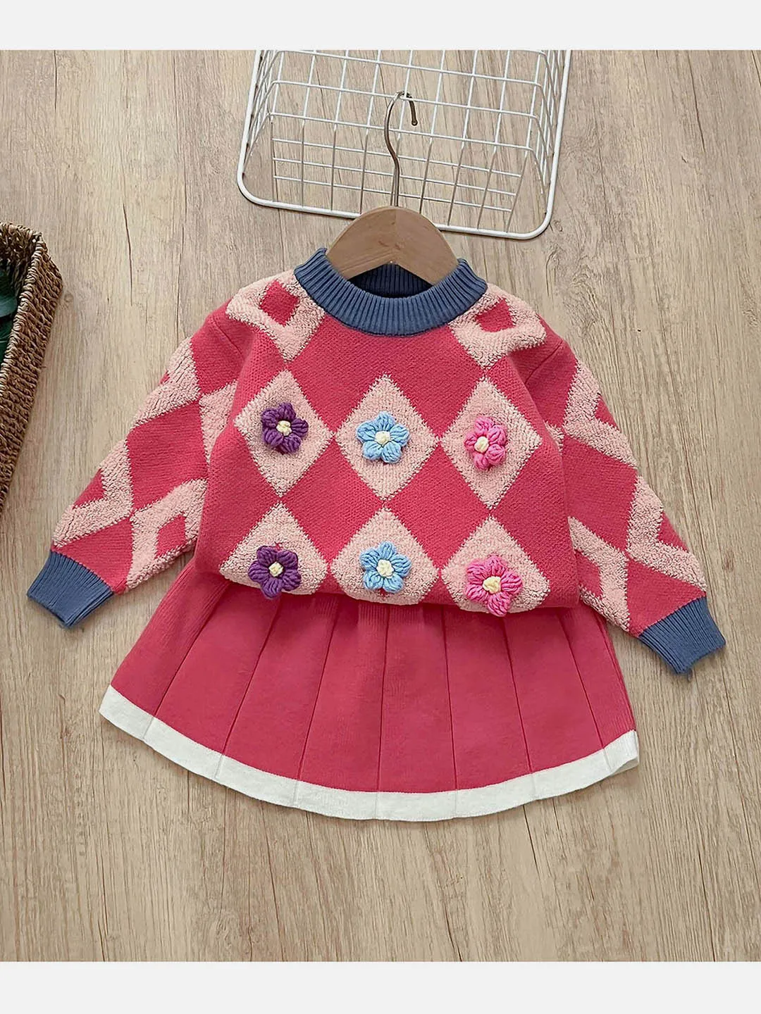 Little Surprise Box 2pcs Pink Diamond Floral Cardigan and Skirt Winterwear set for girls