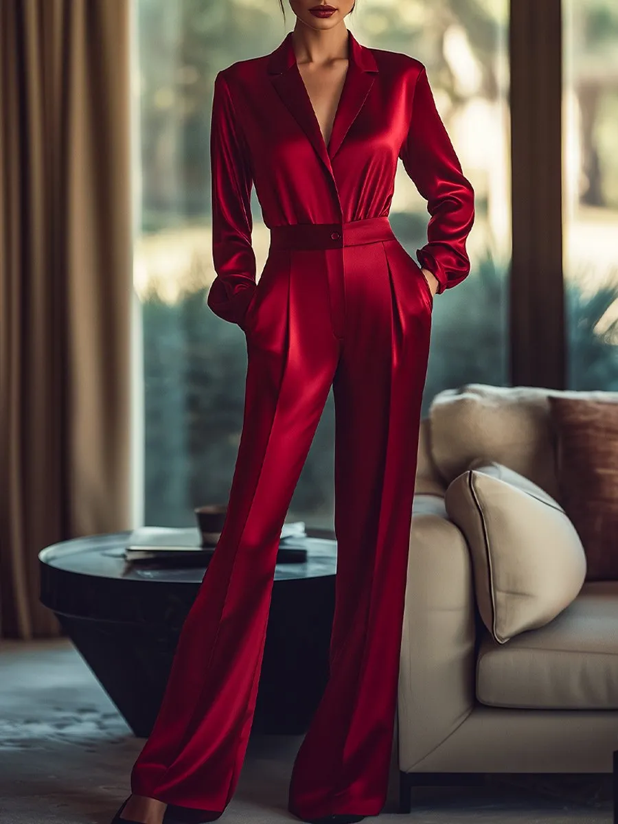 Luxurious Red Satin Jumpsuit with Buttoned Waist