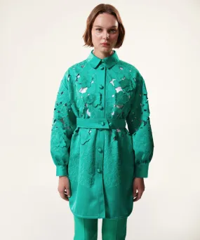 Machka Floral Embroidered Satin Duchess Top Coat Green