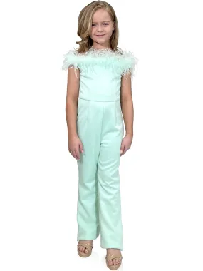 Marc Defang 8185K Size 12 Mint Girls Pageant Jumpsuit feather neck line off the shoulder