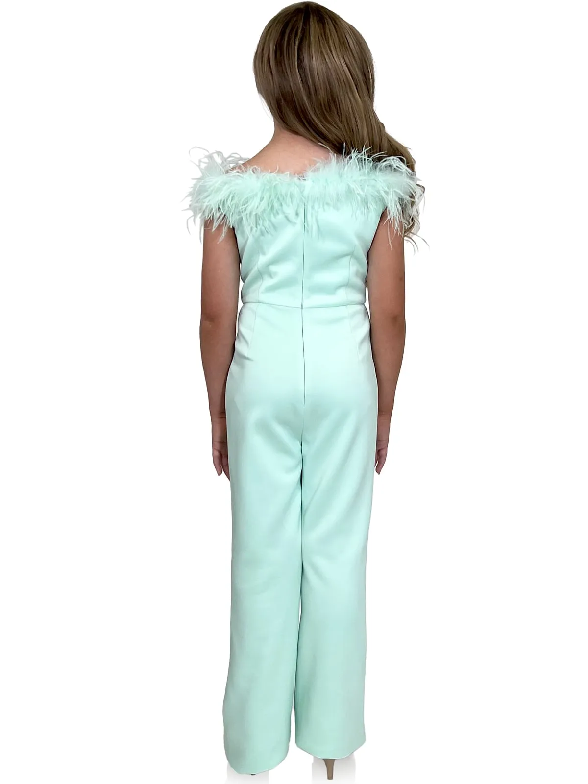 Marc Defang 8185K Size 12 Mint Girls Pageant Jumpsuit feather neck line off the shoulder