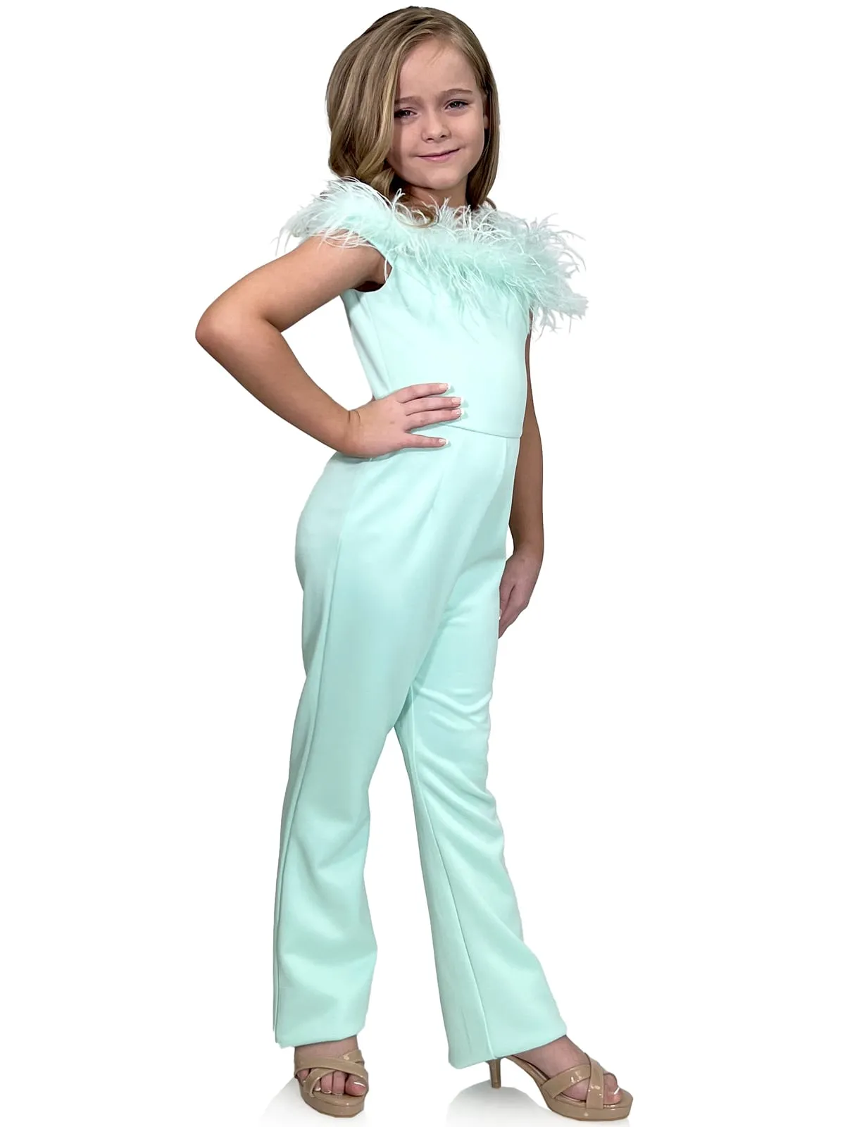 Marc Defang 8185K Size 12 Mint Girls Pageant Jumpsuit feather neck line off the shoulder