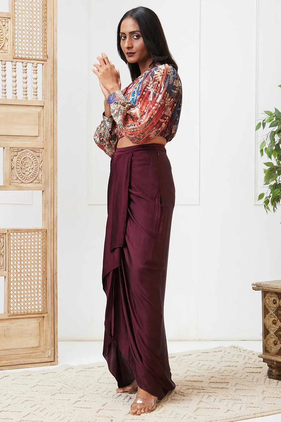 Maroon Adah Printed Drape Skirt Set