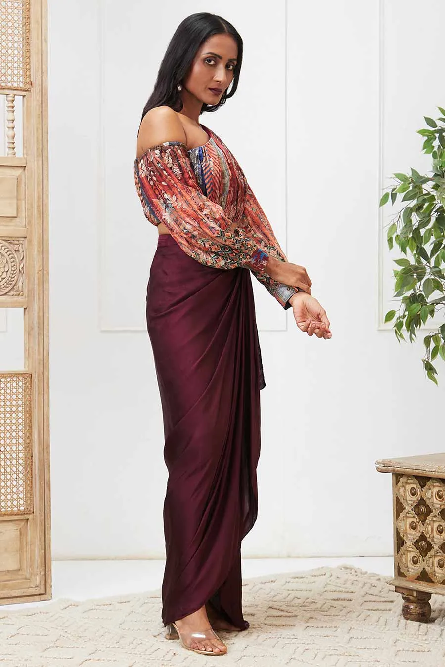 Maroon Adah Printed Drape Skirt Set