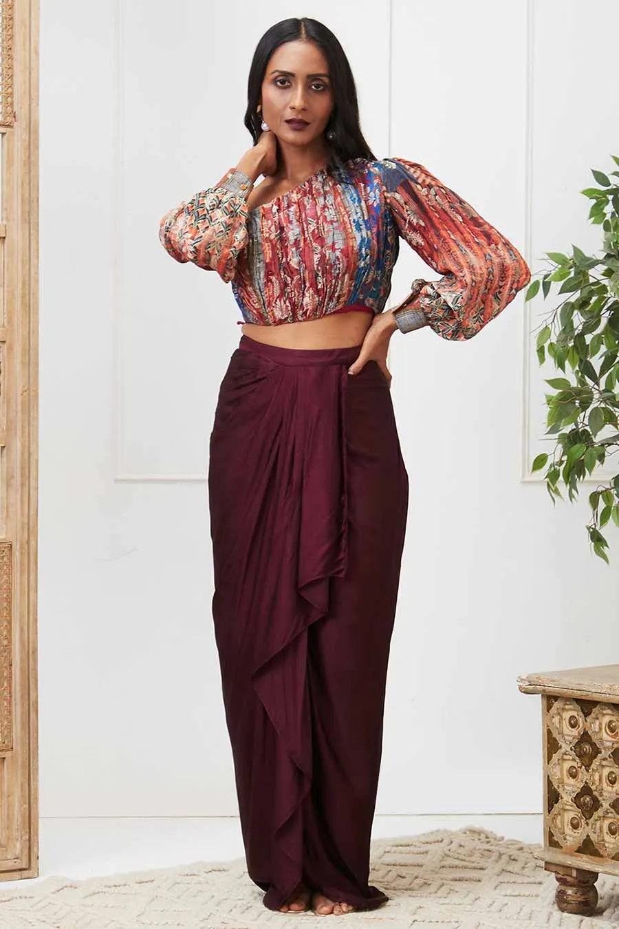 Maroon Adah Printed Drape Skirt Set