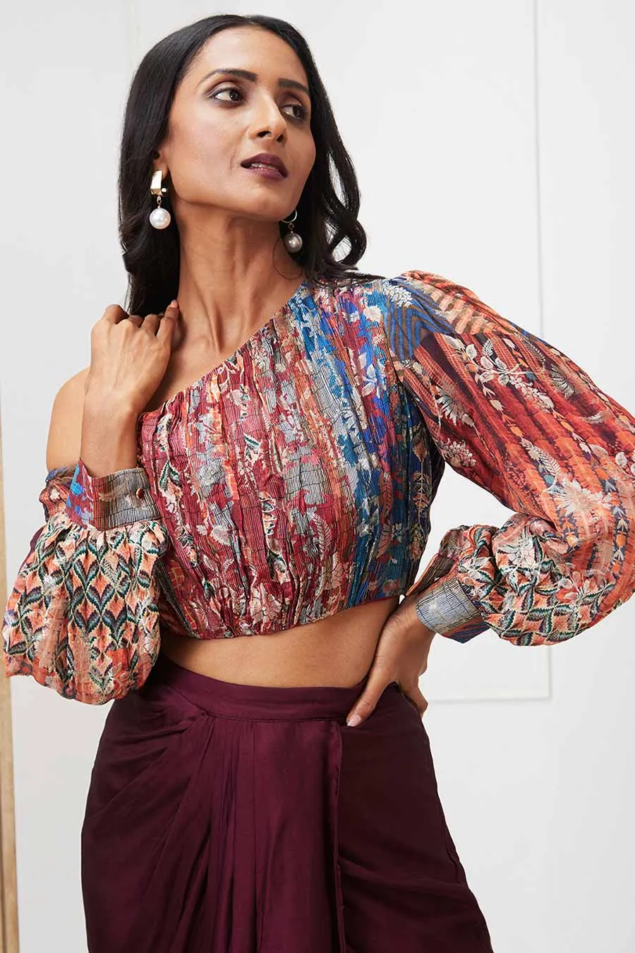 Maroon Adah Printed Drape Skirt Set