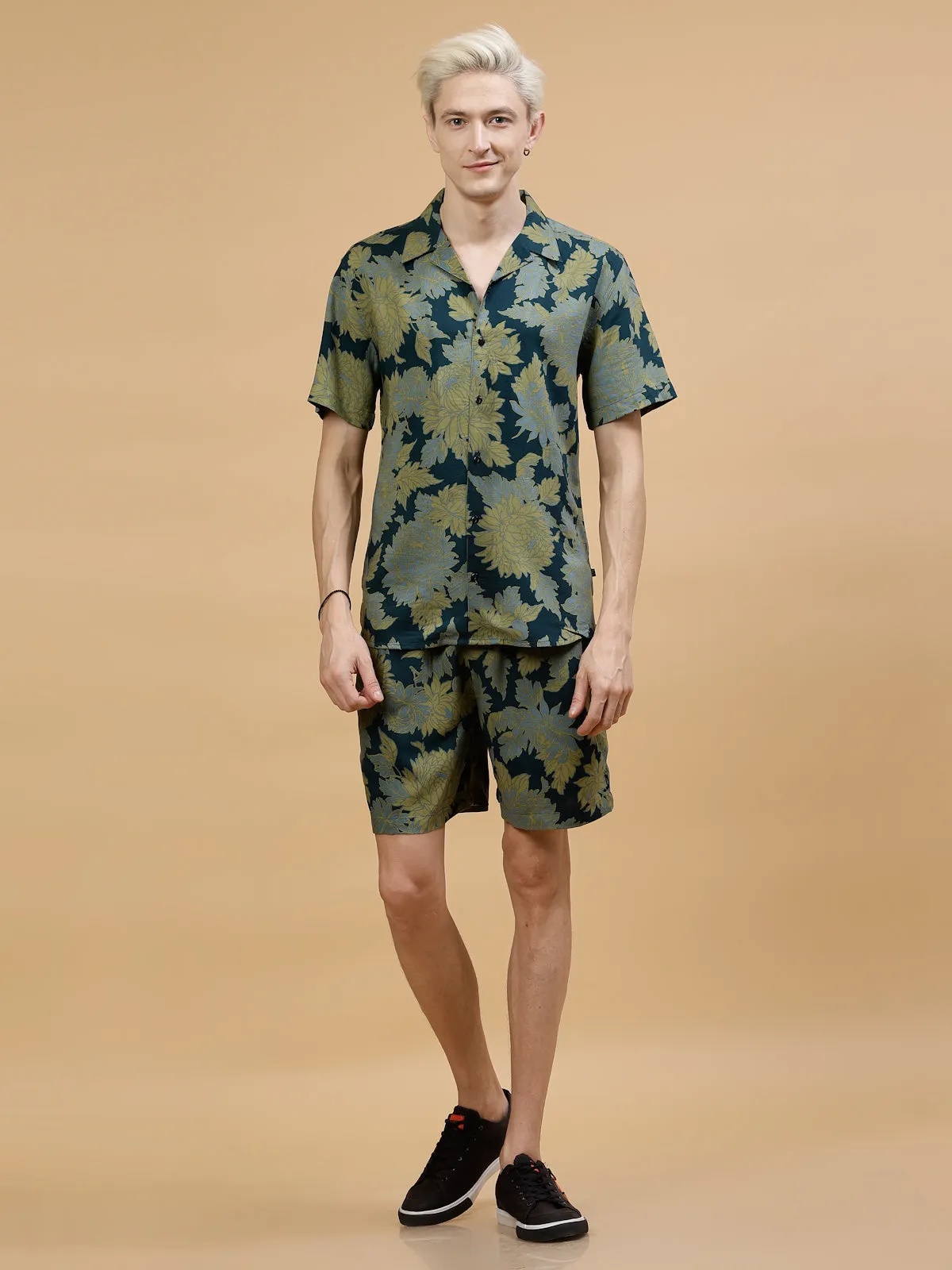 Men's Botanical Leaf Print Rayon Co-ords