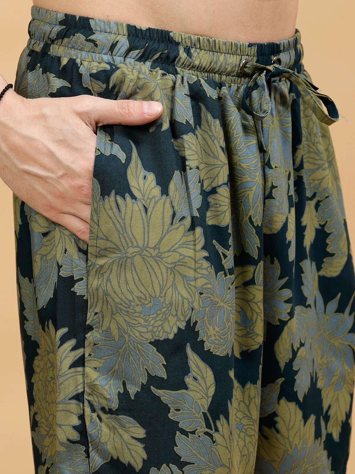 Men's Botanical Leaf Print Rayon Co-ords