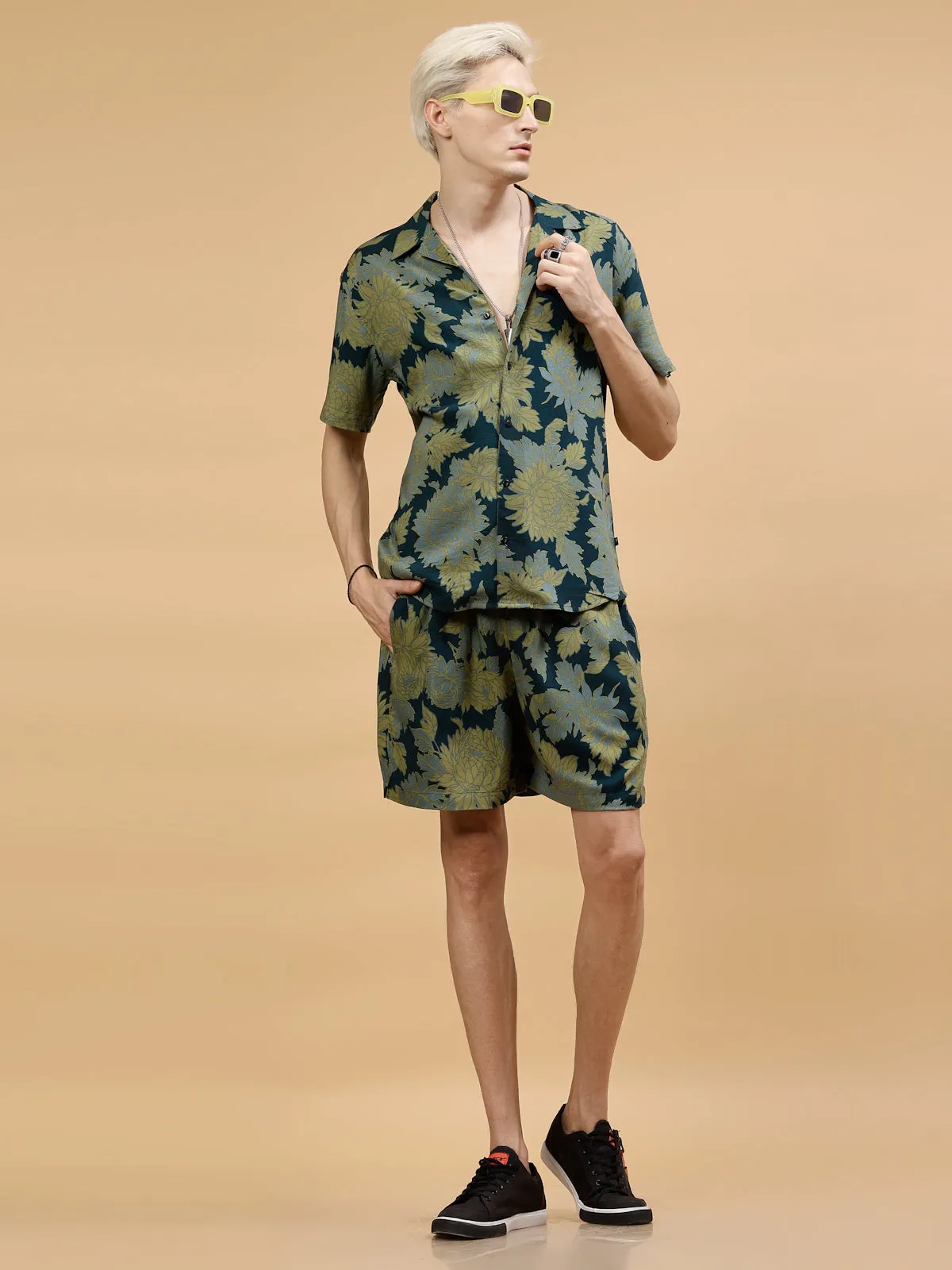 Men's Botanical Leaf Print Rayon Co-ords