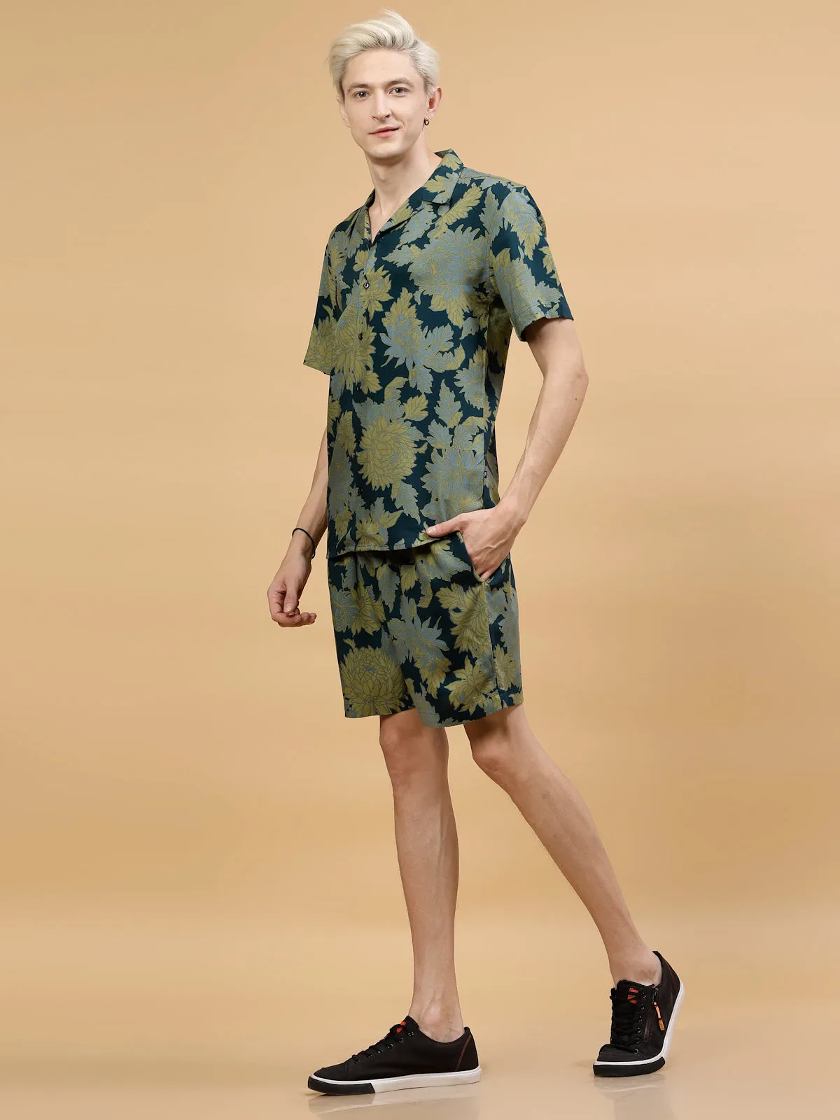 Men's Botanical Leaf Print Rayon Co-ords