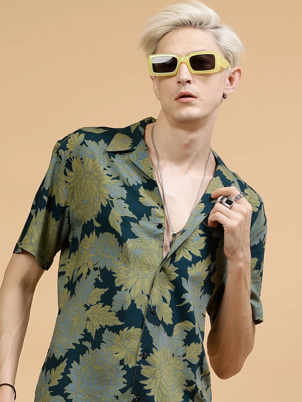 Men's Botanical Leaf Print Rayon Co-ords