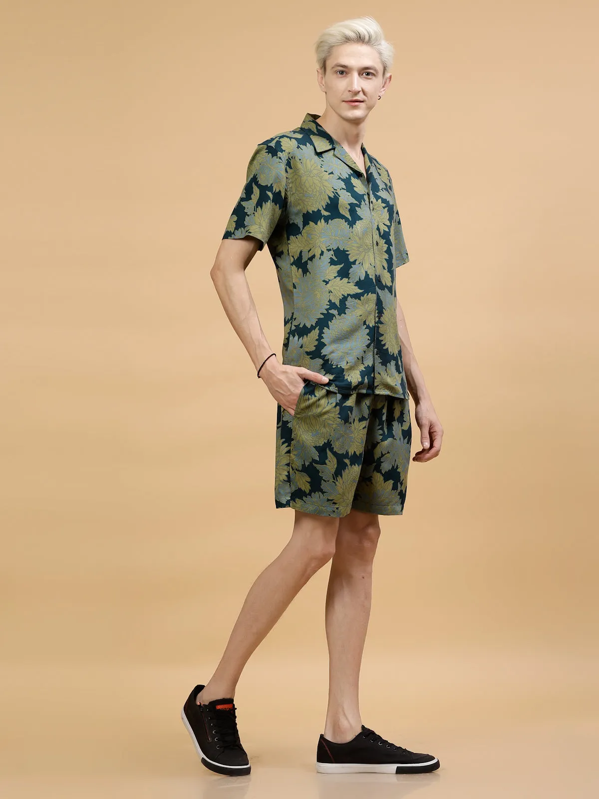 Men's Botanical Leaf Print Rayon Co-ords