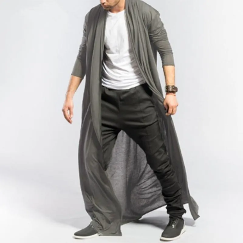 Mens Brief Long Pleated Draped Solid Color Cardigan Casual Long Robe