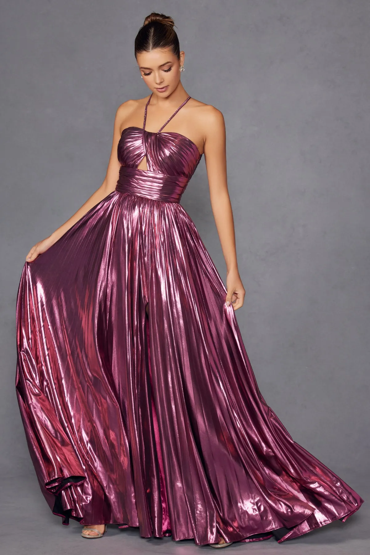 Metallic Long Halter A-line Dress by Juliet JT2503A