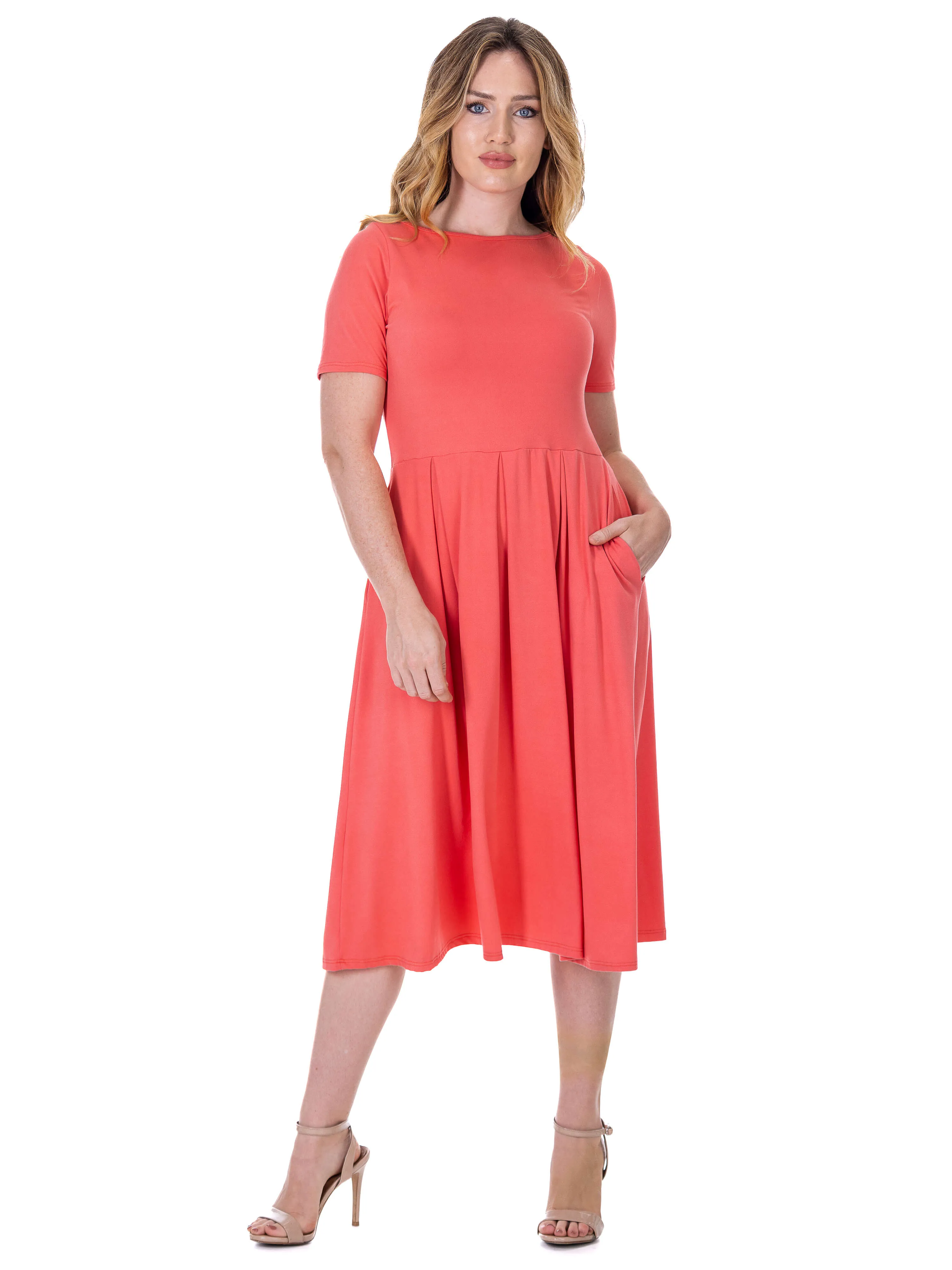 Midi Dress with Short Sleeves and Pocket Detail