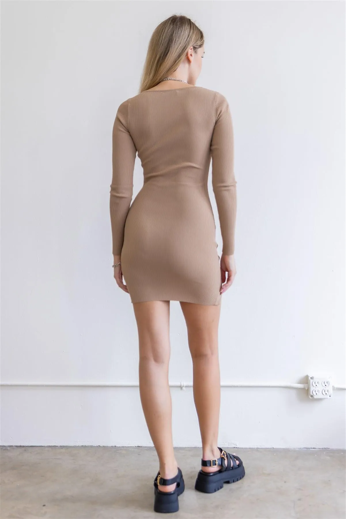 Milk Coffee Knit Cut-Out Large Pin Detail Mini Dress