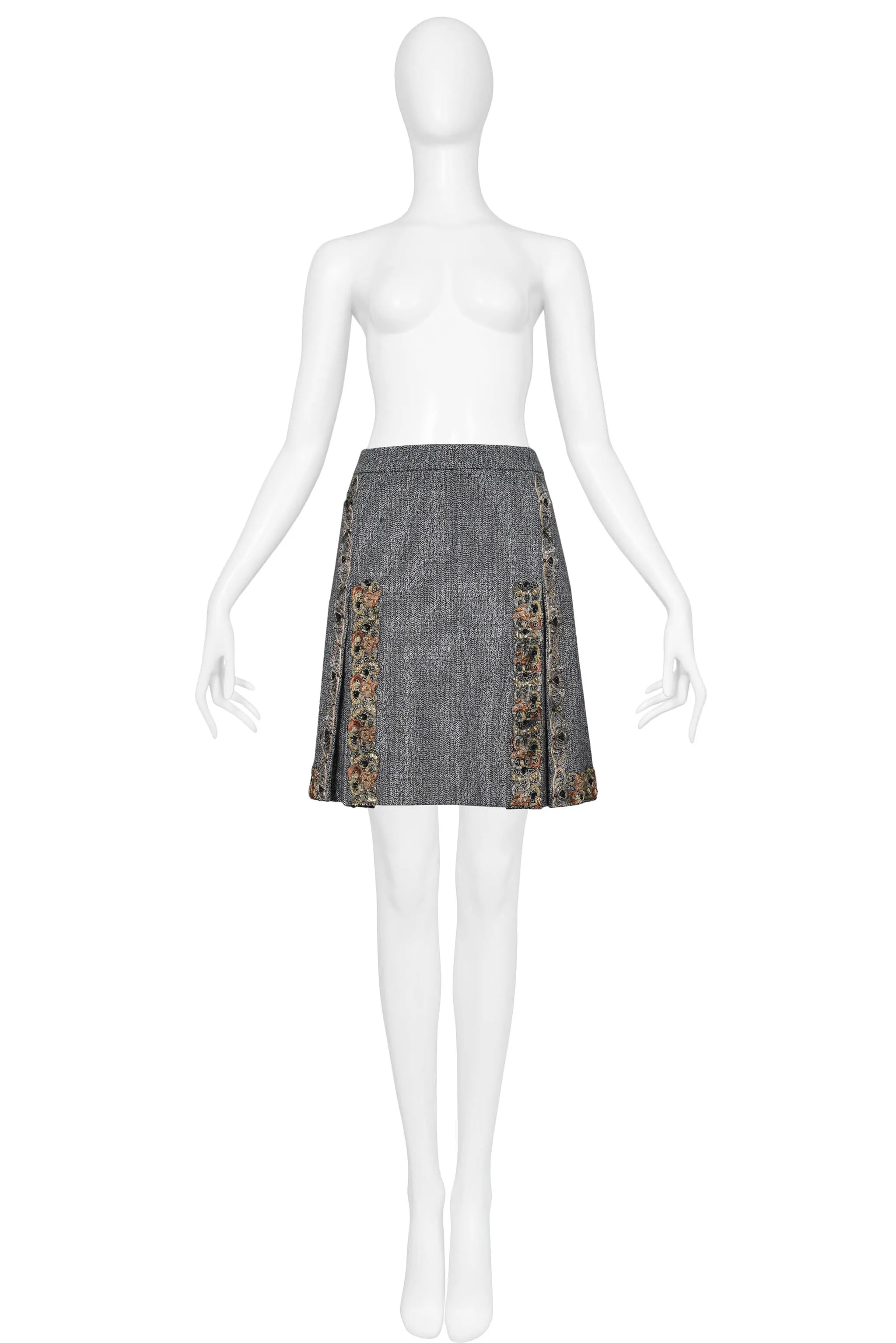 MIU MIU GREY TWEED BOX PLEAT EMBELLISHED MINI SKIRT 2004