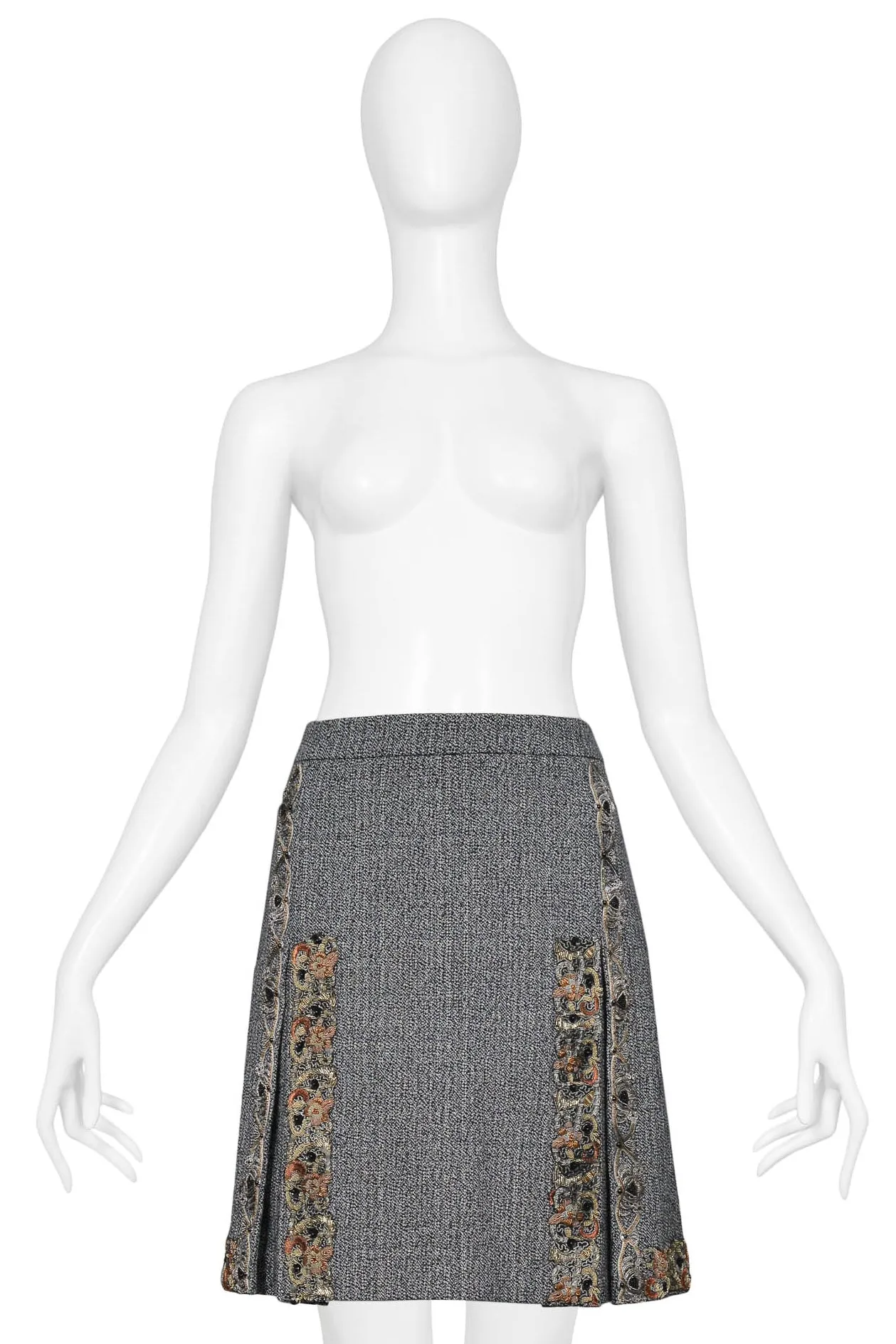 MIU MIU GREY TWEED BOX PLEAT EMBELLISHED MINI SKIRT 2004