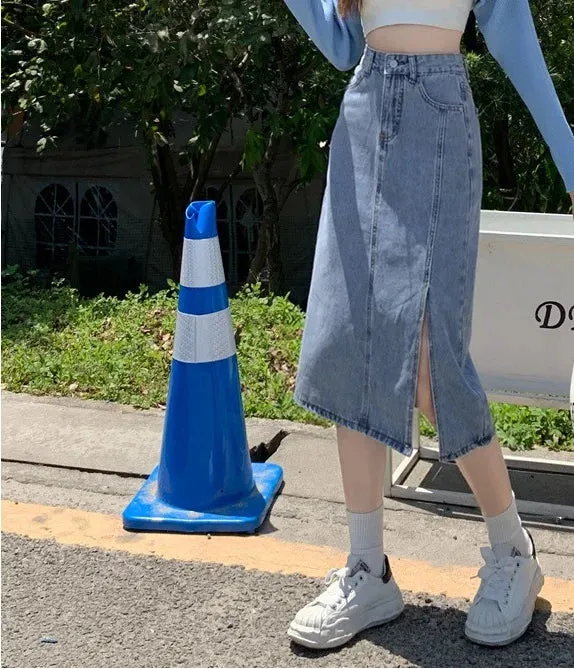 MQTIME  -  Spring/Summer 2024 Small stature side slit denim skirt for women with high waist, medium length, pear shaped figure