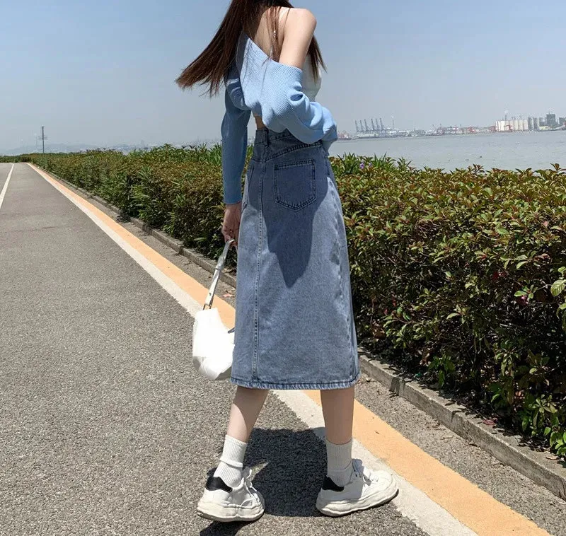 MQTIME  -  Spring/Summer 2024 Small stature side slit denim skirt for women with high waist, medium length, pear shaped figure