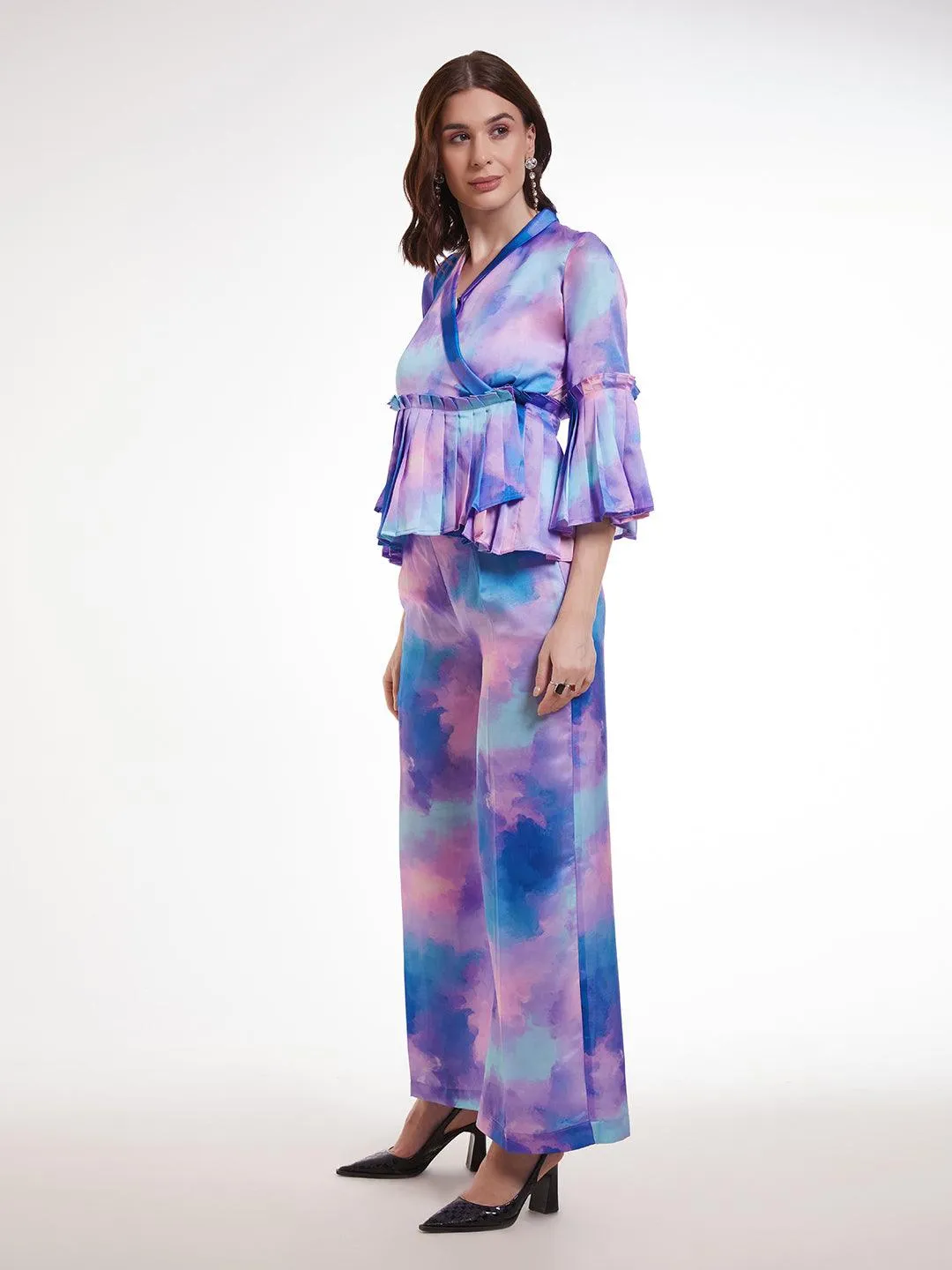 Multi color Modal Satin pleated top and pant style co-ord