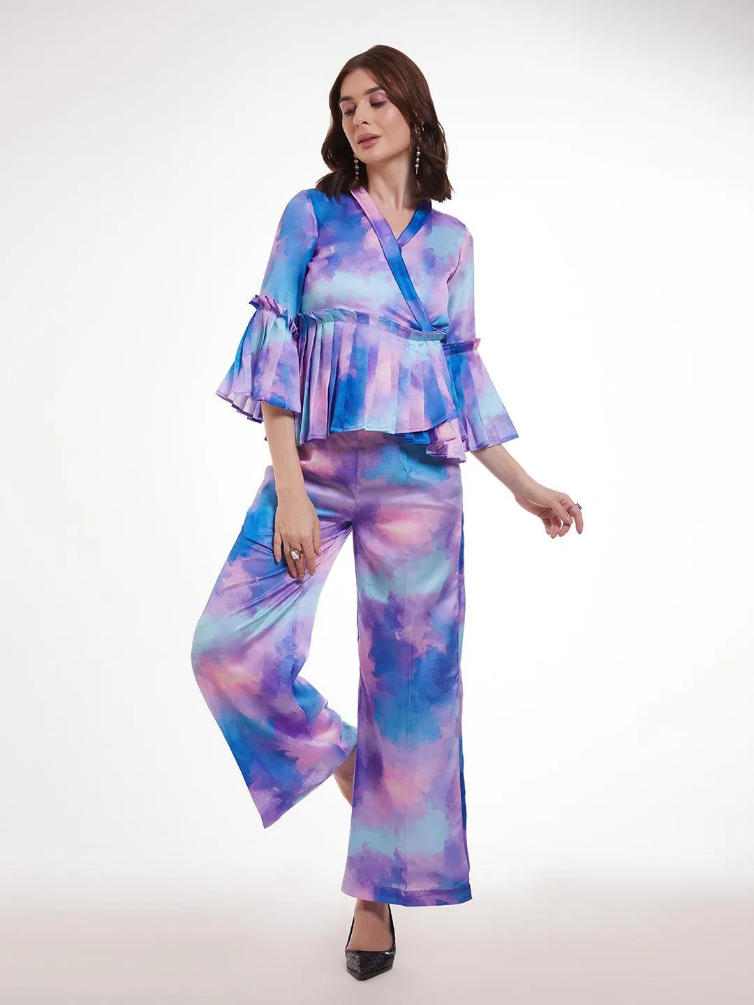 Multi color Modal Satin pleated top and pant style co-ord