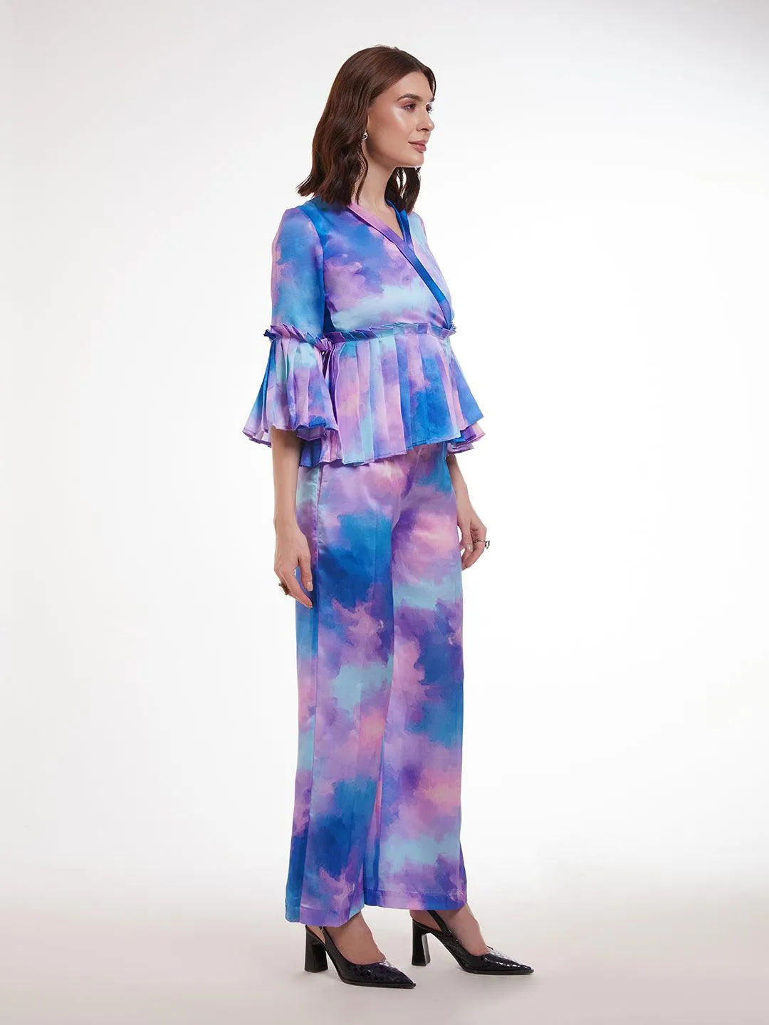 Multi color Modal Satin pleated top and pant style co-ord