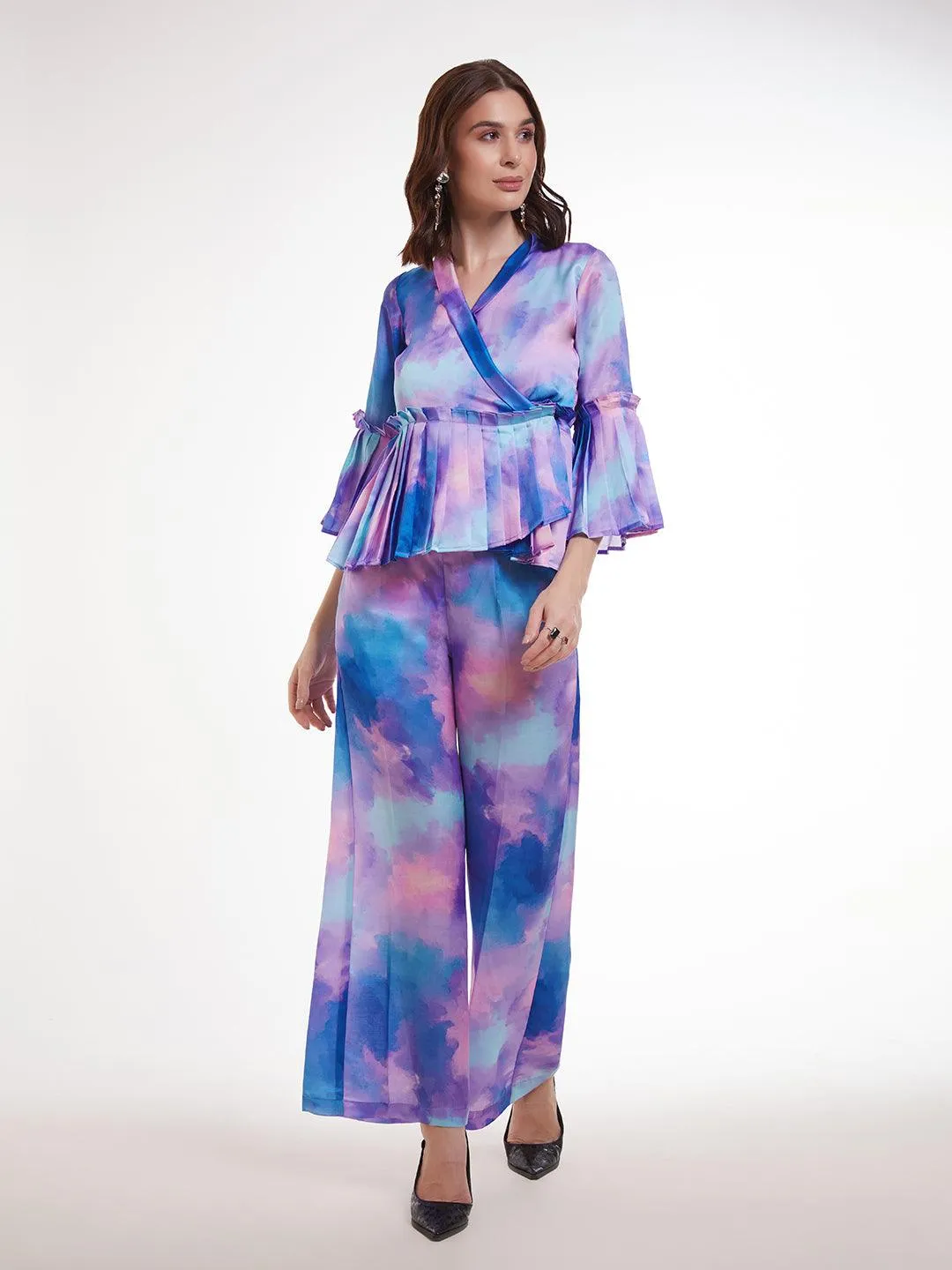 Multi color Modal Satin pleated top and pant style co-ord