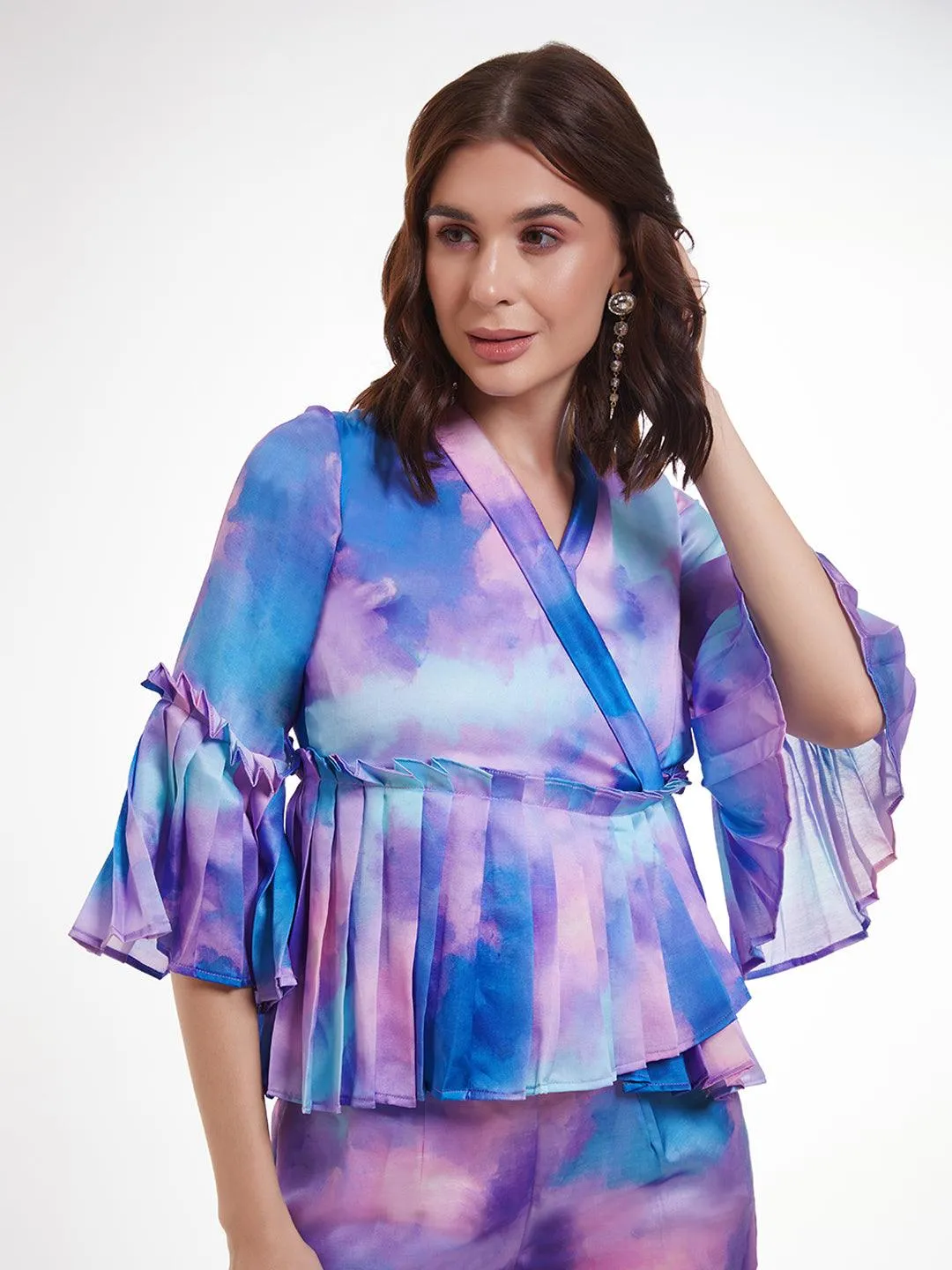 Multi color Modal Satin pleated top and pant style co-ord