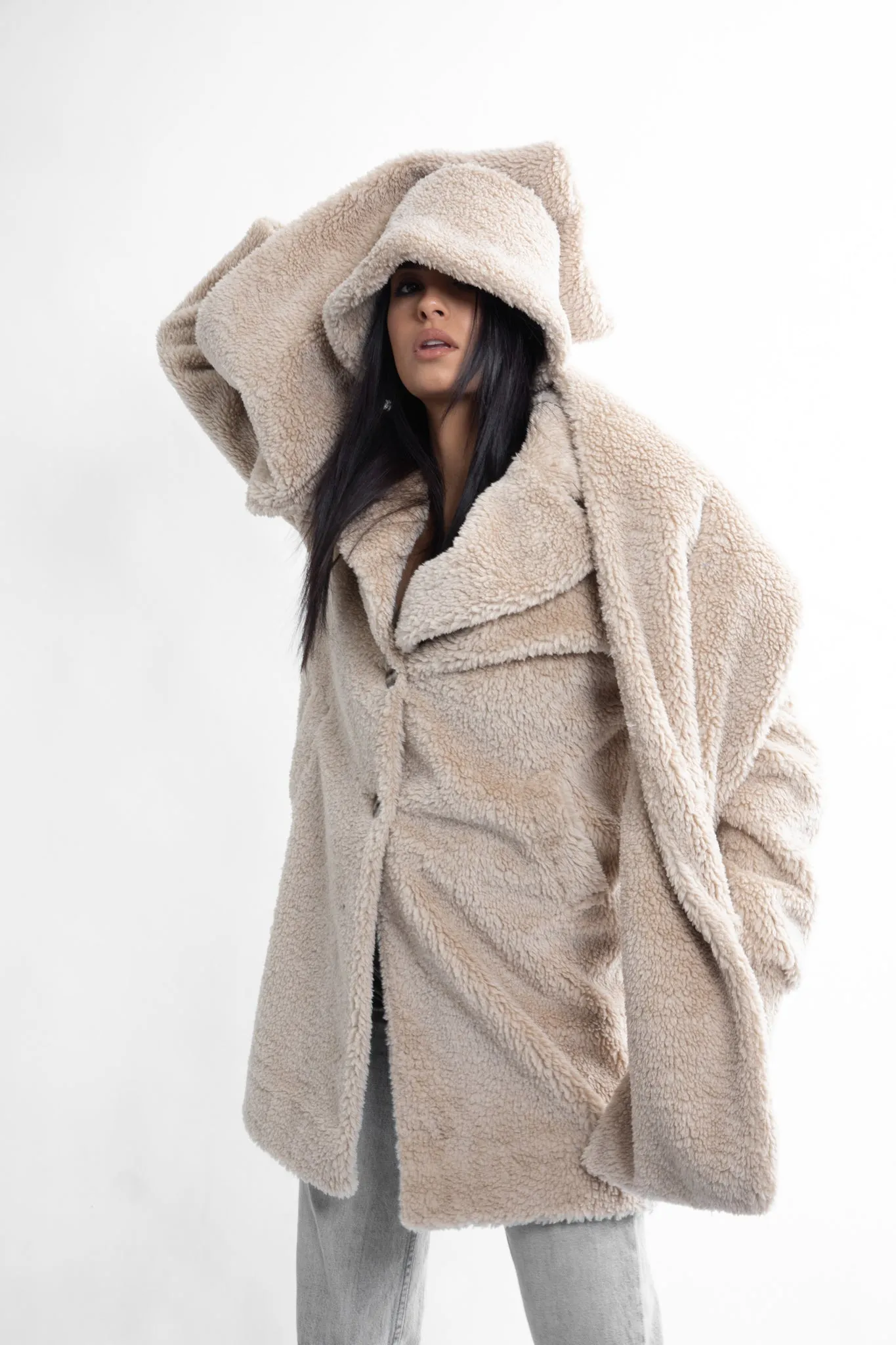 Natural mid-length faux fur coat | JULES