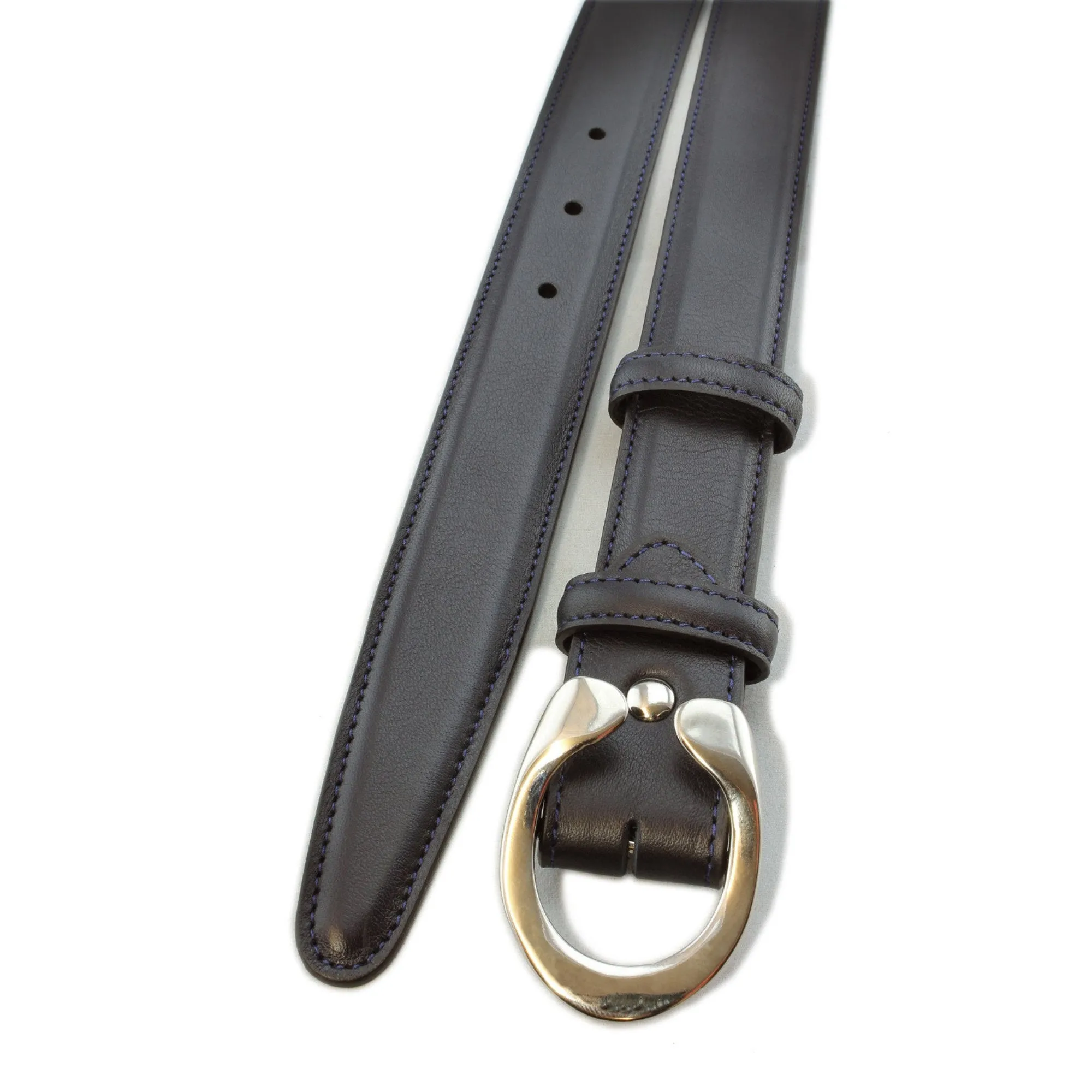 Navy blue box calf narrow horseshoe buckle belt