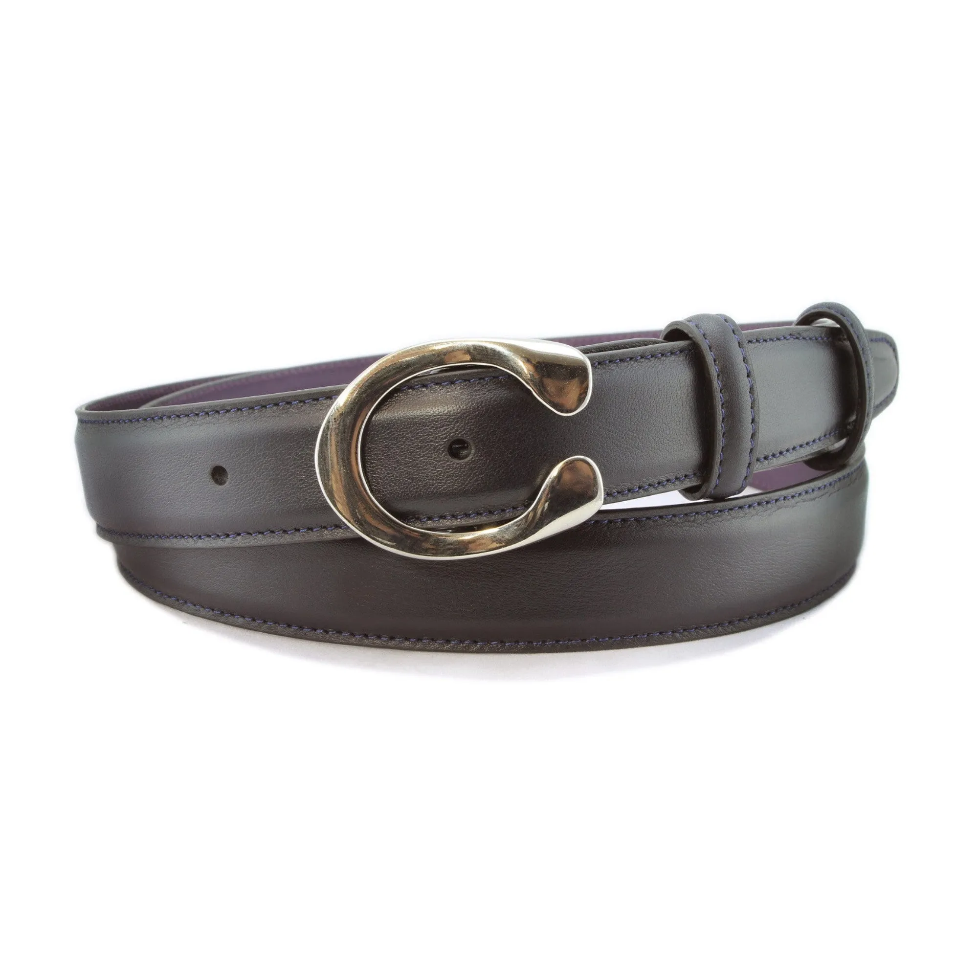 Navy blue box calf narrow horseshoe buckle belt