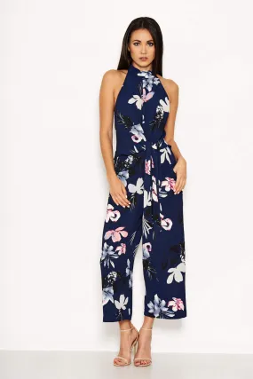 Navy Floral High Neck Print Jumpsuit With Tie Front