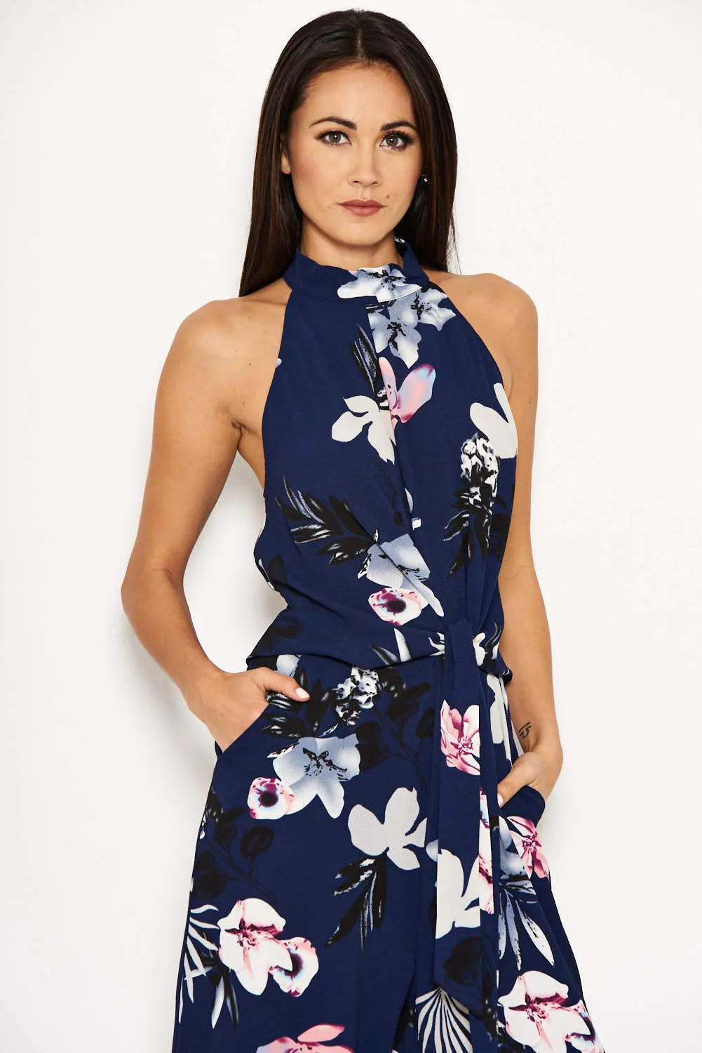 Navy Floral High Neck Print Jumpsuit With Tie Front