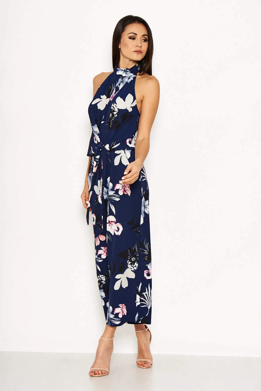 Navy Floral High Neck Print Jumpsuit With Tie Front