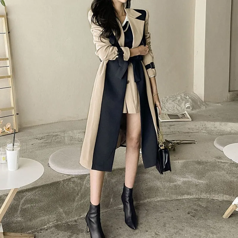 Notched Collar Patchwork Belted Trench Coat