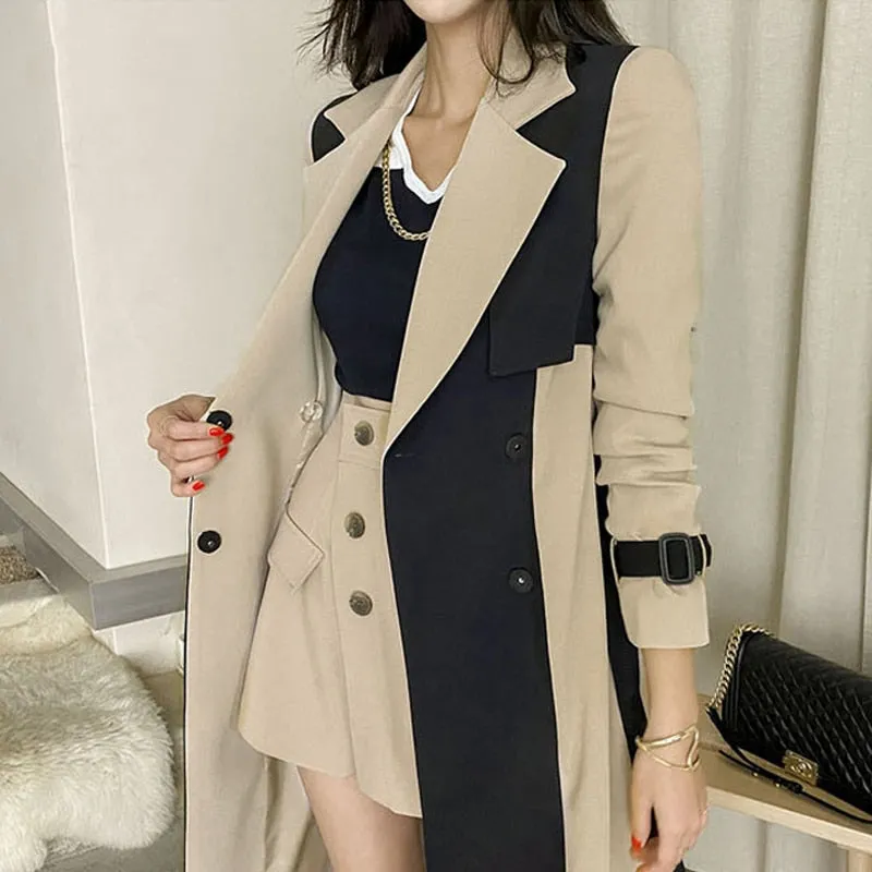 Notched Collar Patchwork Belted Trench Coat