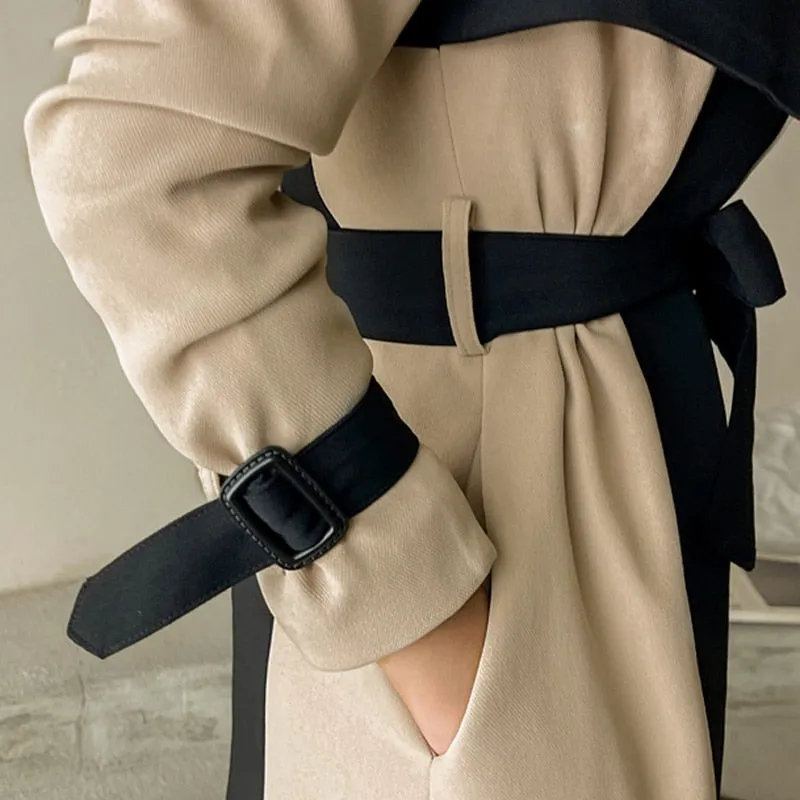 Notched Collar Patchwork Belted Trench Coat