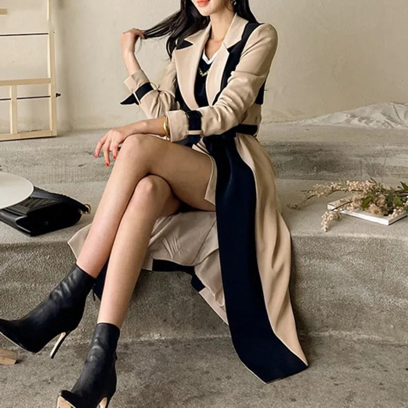 Notched Collar Patchwork Belted Trench Coat